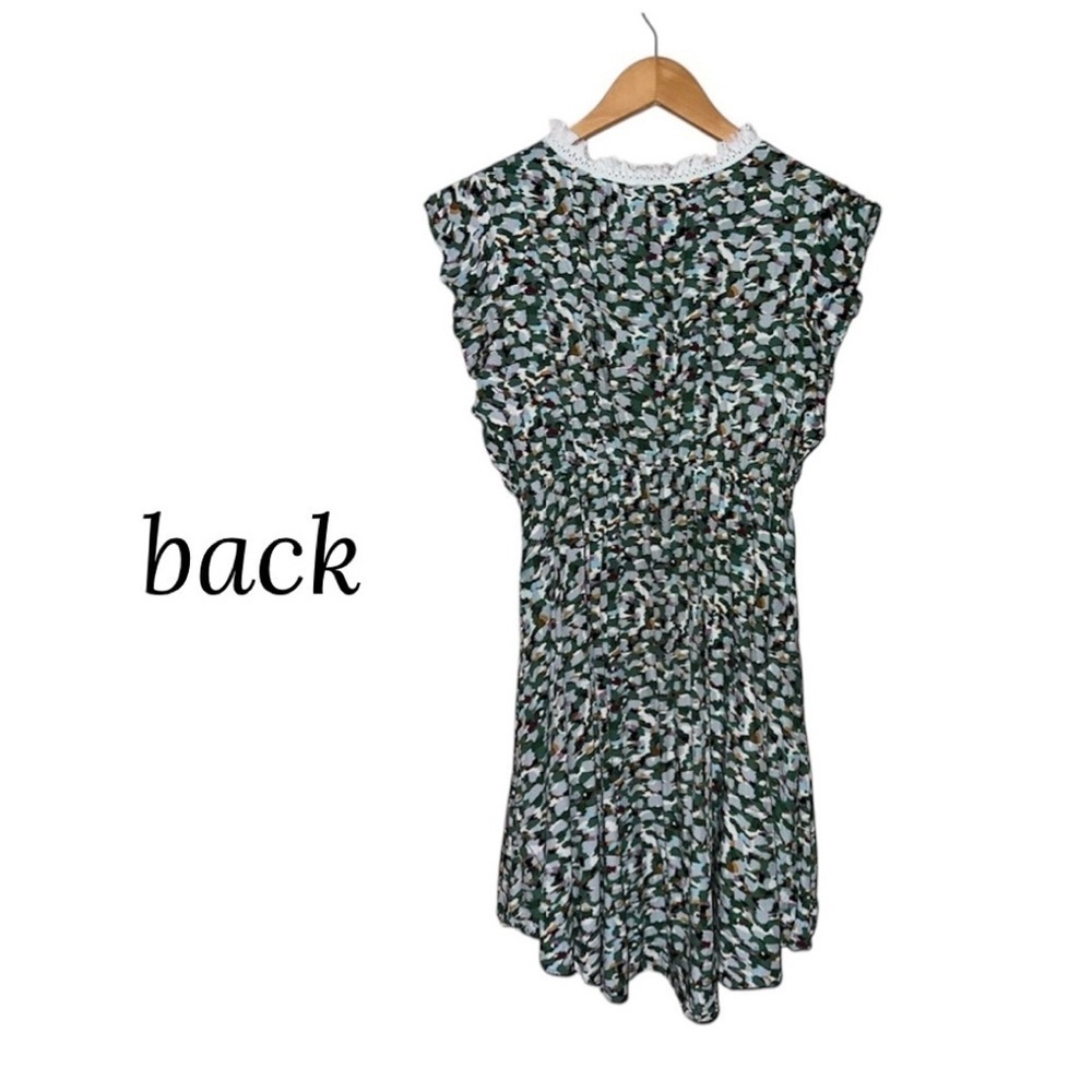 KORI Green Multi Color V-Neck Hi-Li Dress Lined Fringe Lace Flutter Boho Wmn S - Picture 7 of 14